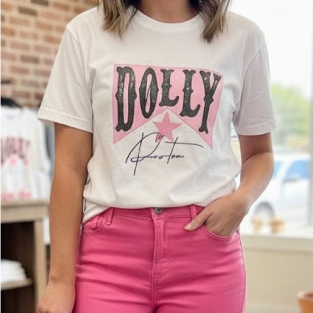 Dolly Parton White Tee with Pink and Black Graphic